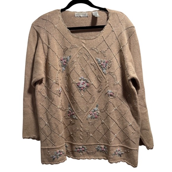Carolyn Taylor Sweaters - VTG Floral Embroidered knit top 1XL Cottagecore Grandmacore 90s 80s ramie